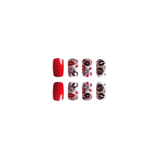 Chic Romance Medium Length Square Shape Vibrant Red with Lip Print Design Press On Nail Set