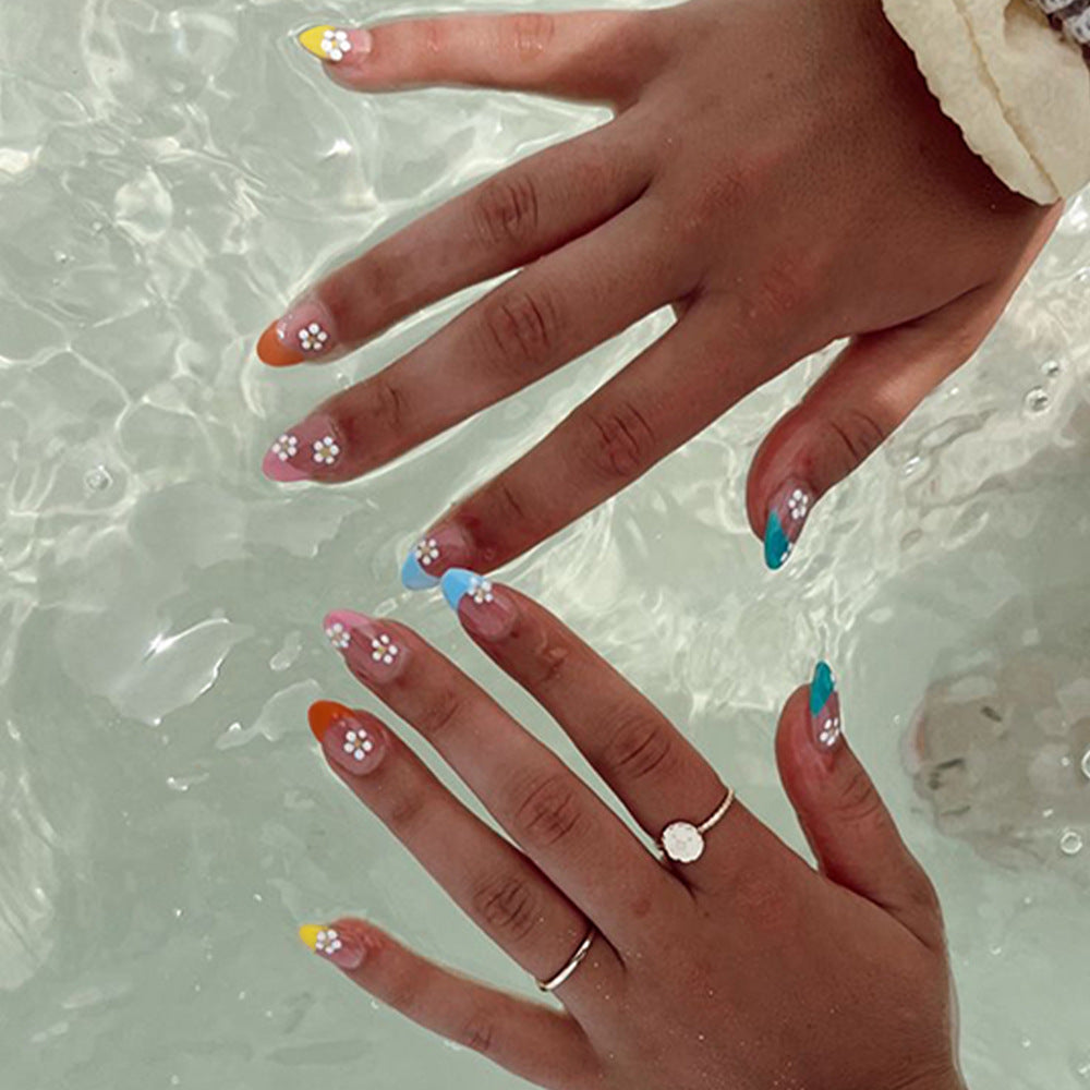 Ocean Bliss Long Almond Multicolor Press On Nails with Daisy Accents