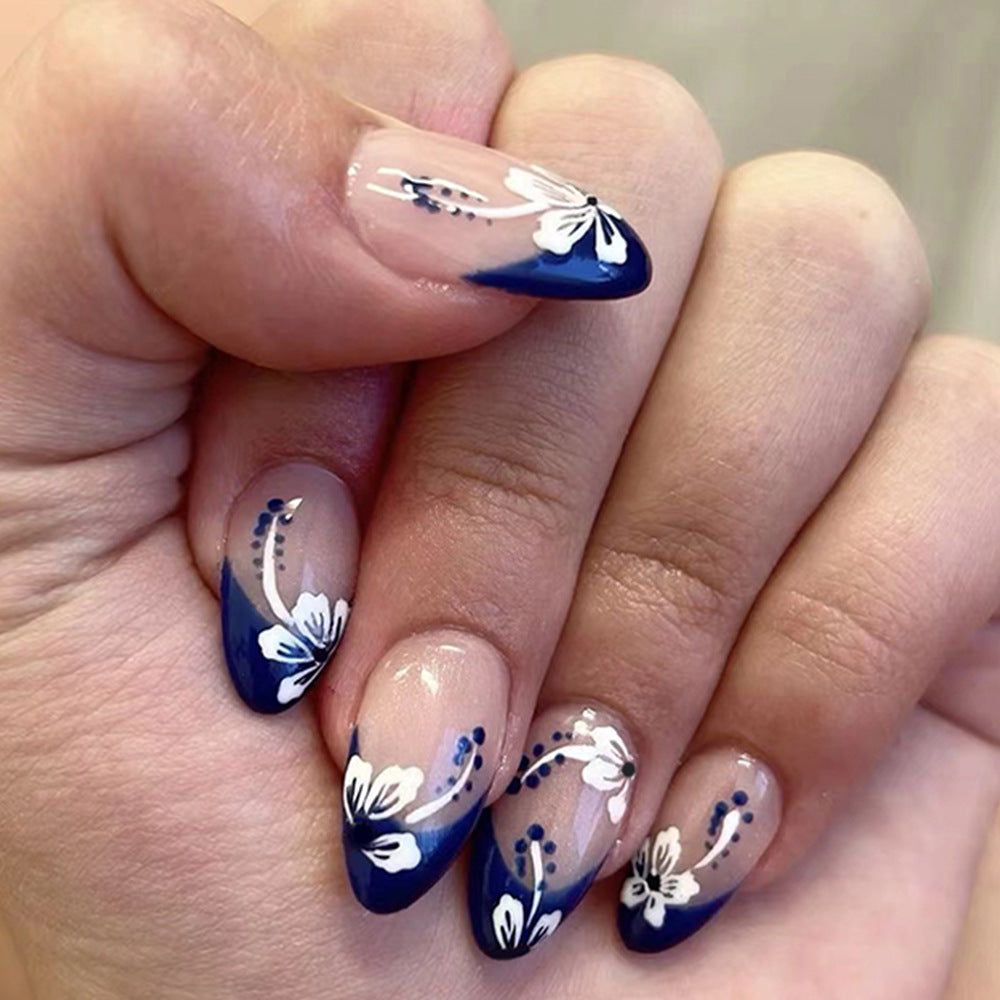 Enchanted Garden Medium Almond Navy Blue and Beige Floral Art Press On Nail Set