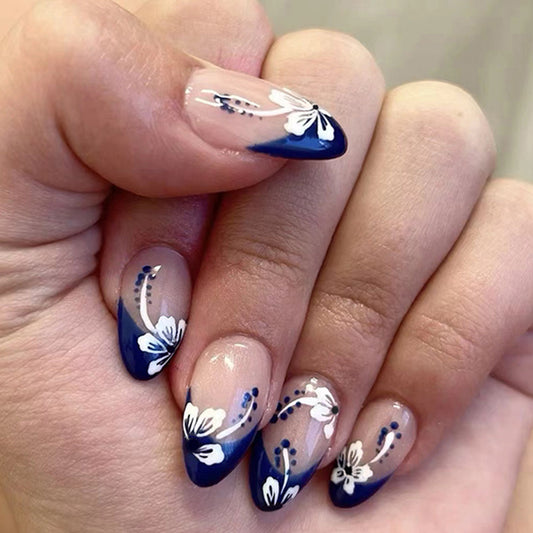 Enchanted Garden Medium Almond Navy Blue and Beige Floral Art Press On Nail Set