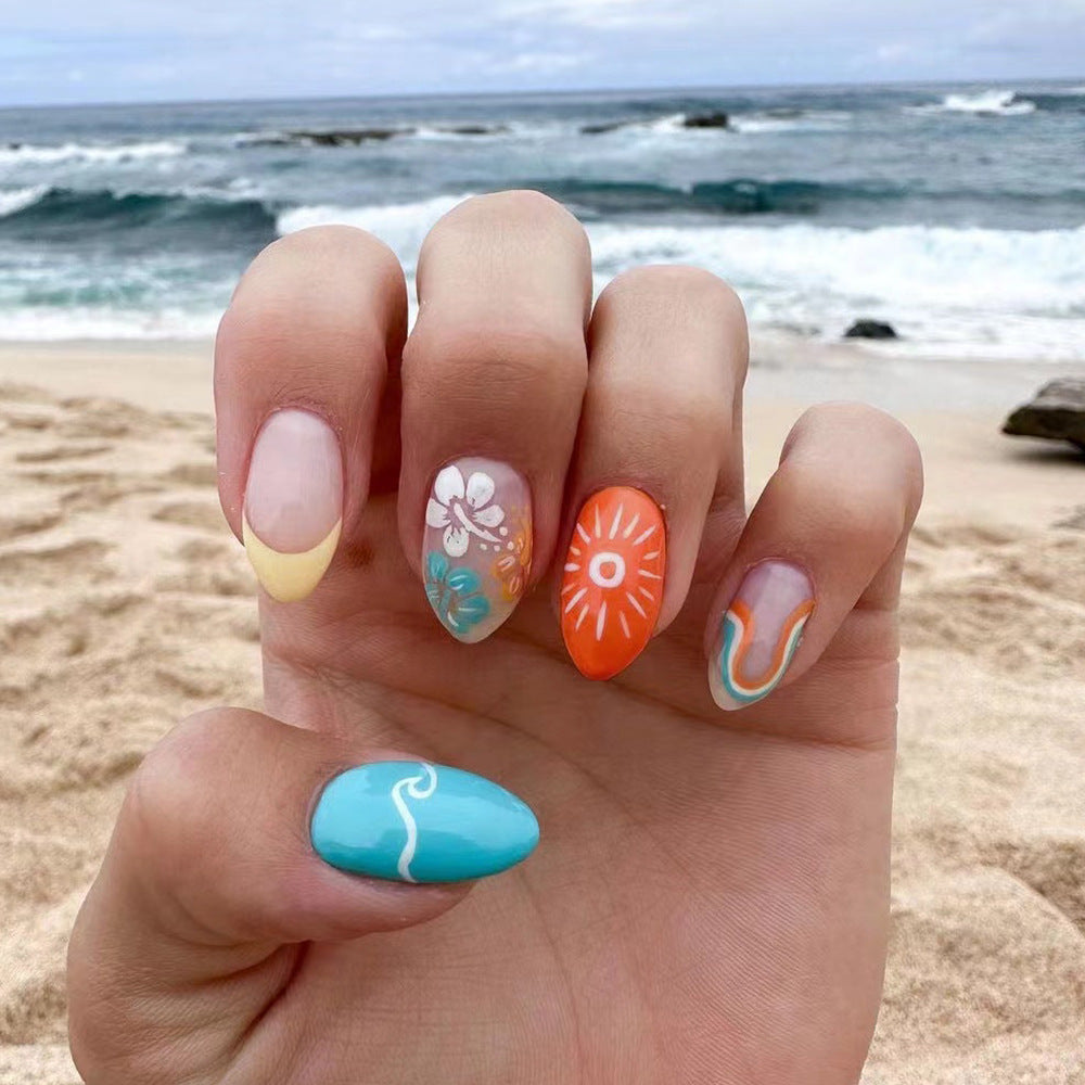 Tropical Escape Medium Length Almond Shape Multicolor Press On Nail Set with Ocean-Inspired Designs
