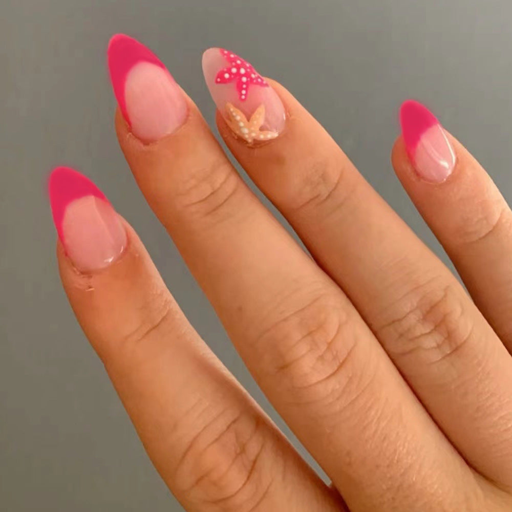 Summer Glow Medium Almond Hot Pink Ombre Press On Nail Set with Glitter Butterfly Accent