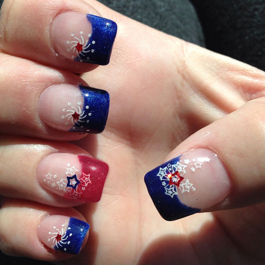 Patriotic Parade Medium Square Tip Press-On Nails in Red White and Blue with Glittery Star Accents