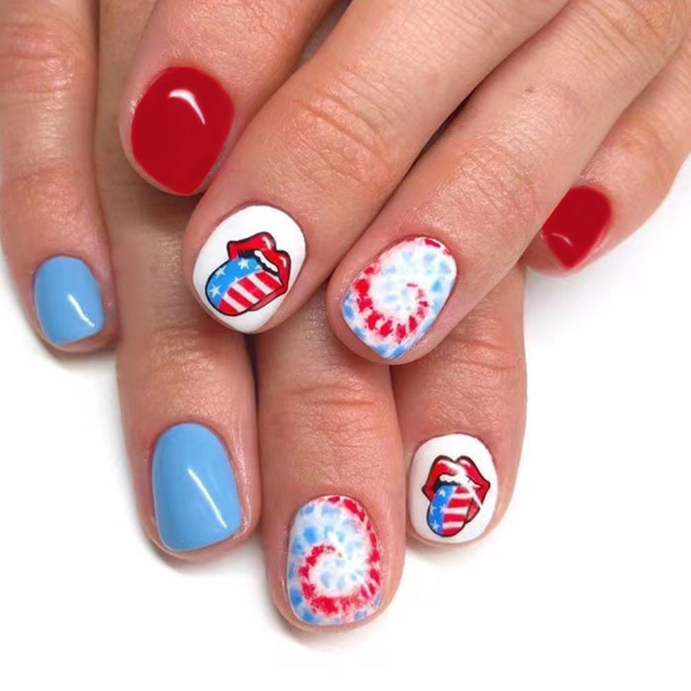 Patriotic Party Short Squoval Multicolor Press On Nail Set with American Flag and Tie-Dye Accents