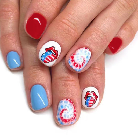 Patriotic Party Short Squoval Multicolor Press On Nail Set with American Flag and Tie-Dye Accents