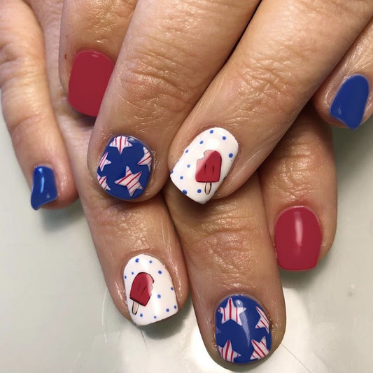 Summer Picnic Short-Length Squoval Press On Nail Set in Red Blue and White with Playful Popsicle Design