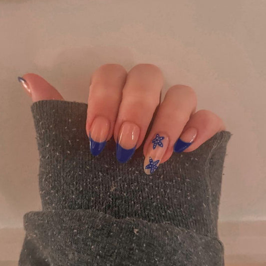Enchanted Garden Long Almond Blue Press On Nails with Floral Accents