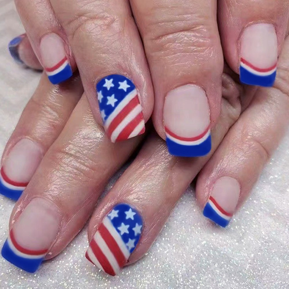 Patriotic Pride Medium-Length Square Patriotic American Flag Design Press On Nail Set in Red White and Blue