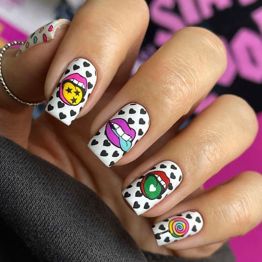 Pop Art Extravaganza Medium Length Square White Press On Nails with Colorful Heart Accents and Whimsical Designs