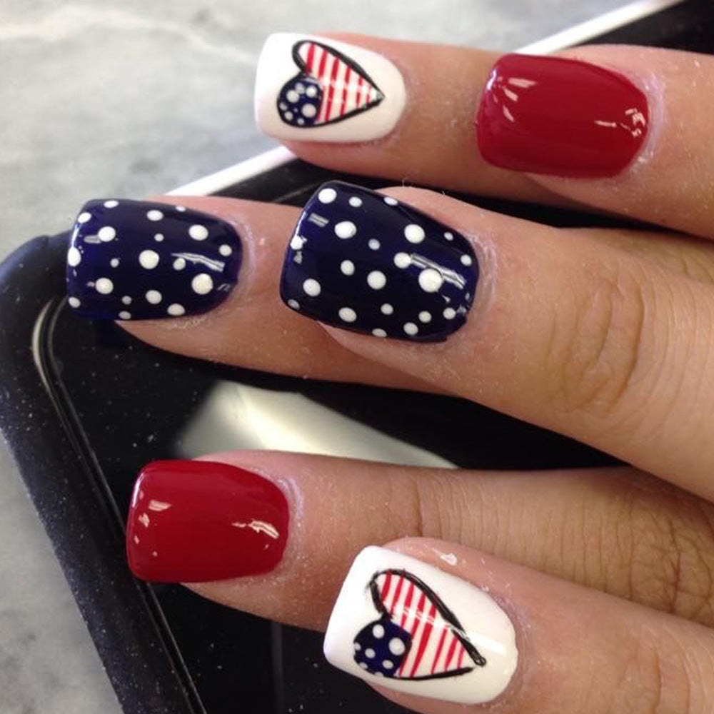 Nautical Charm Medium Square Red White and Blue Press On Nails with Polka Dots and Stripes Design