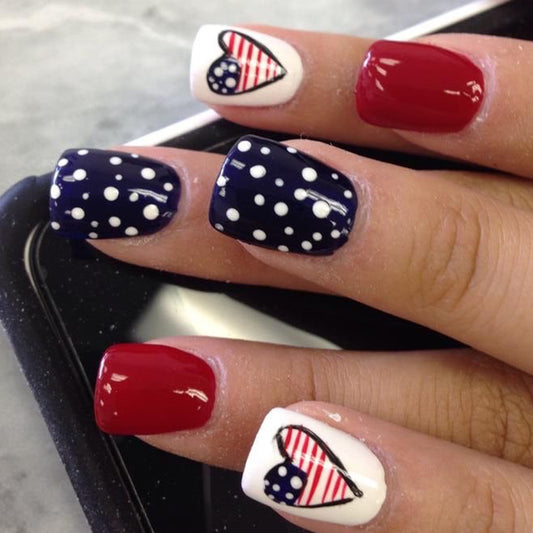 Nautical Charm Medium Square Red White and Blue Press On Nails with Polka Dots and Stripes Design