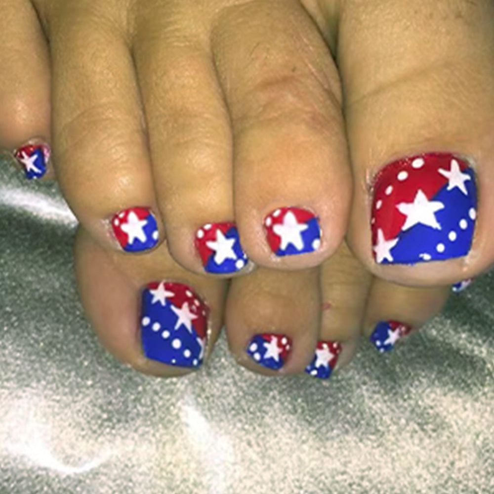 Patriotic Parade Short Square Press On Nail Set, Blue and Red with White Stars, Easy Application Fake Nails Kit