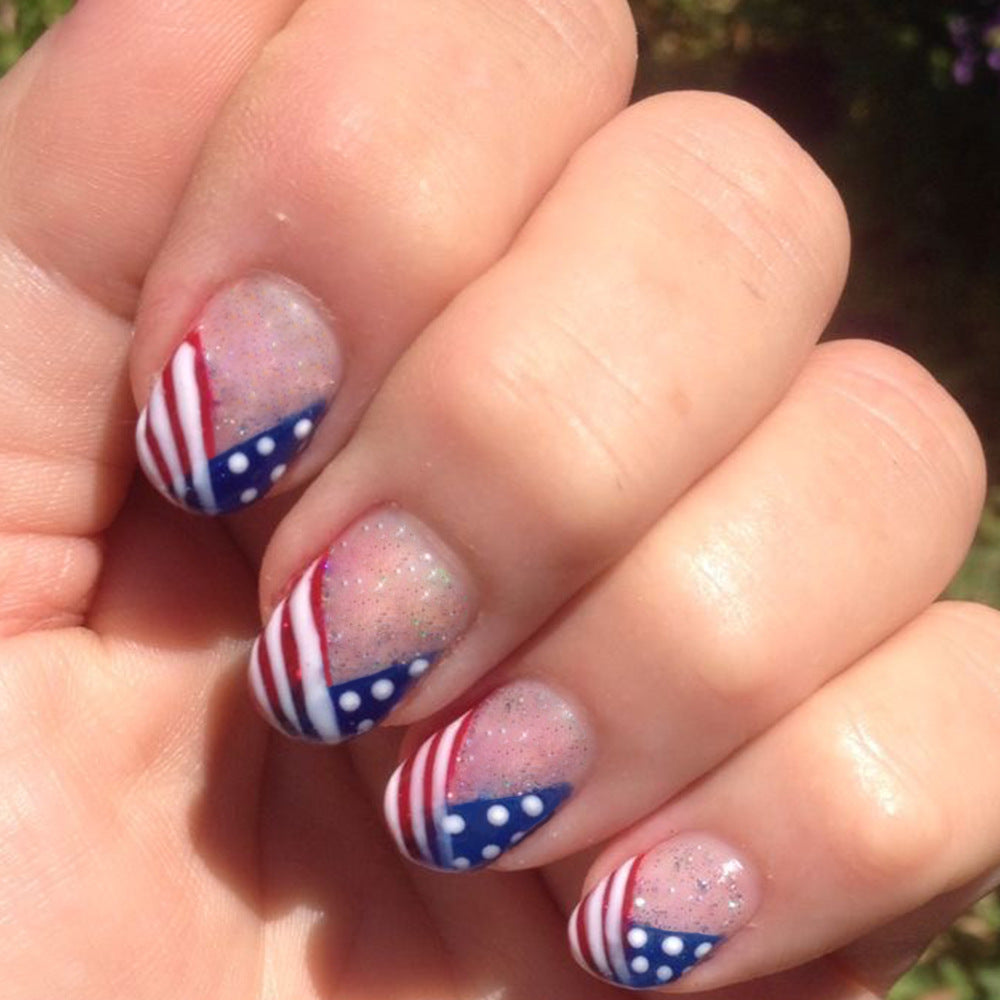 Patriotic Elegance Short Oval Red White and Blue Glitter Accented Press on Nail Set