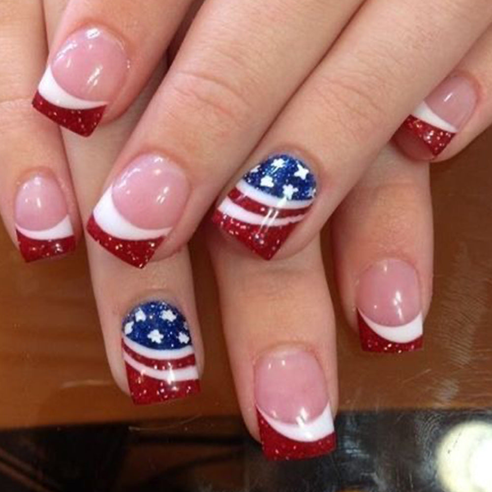 Patriotic Elegance Medium Square-Shaped Glitter Red White and Blue American Flag Press On Nail Set