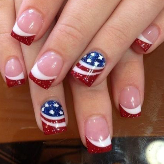 Patriotic Elegance Medium Square-Shaped Glitter Red White and Blue American Flag Press On Nail Set