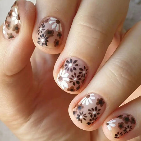 Floral Fantasy Short Length Oval Peach Press on Nails with Delicate Flower Accents
