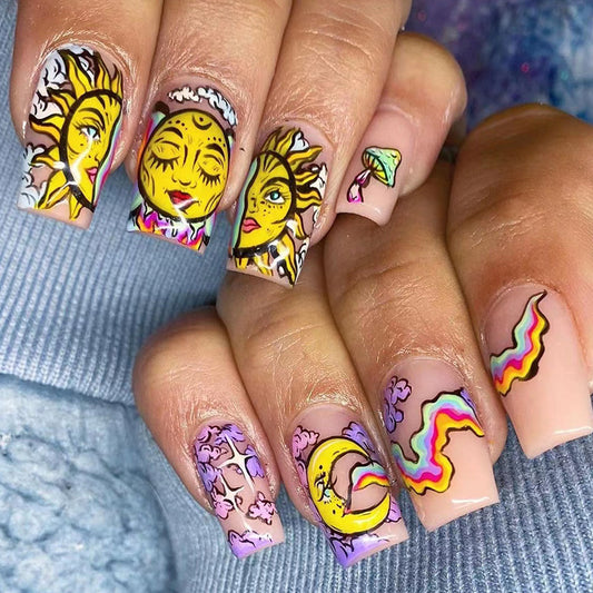 Celestial Fantasy Medium Coffin Press On Nails in Pastel Rainbow with Cosmic Artwork and Glitter Highlights