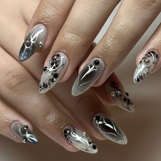 Mystical Chrome Long Stiletto Press On Nails in Smoky Grey with Liquid Metal Effect and Bead Embellishments