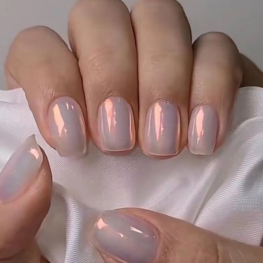 Sheer Elegance Short Square Press On Nails in Opalescent Beige with Iridescent Sheen