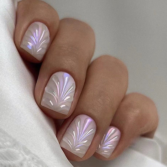 Botanical Bliss Short Square Press On Nails in Lavender Haze with White Leaf Embossing