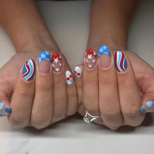 Patriotic Elegance Medium Length Oval Press On Nails in Red White and Blue with Star Accents