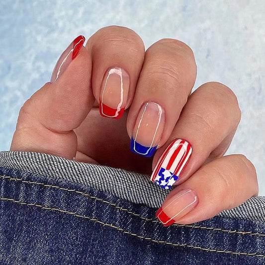 Patriotic Parade Long Square Clear Red White Blue Stripe and Star Press On Nail Set