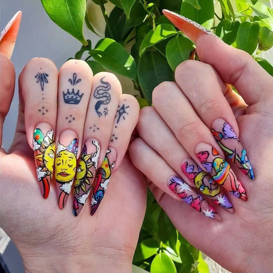 Fantasy Circus Extra Long Stiletto Multicolor Press On Nail Set with Vibrant Cartoon Artwork
