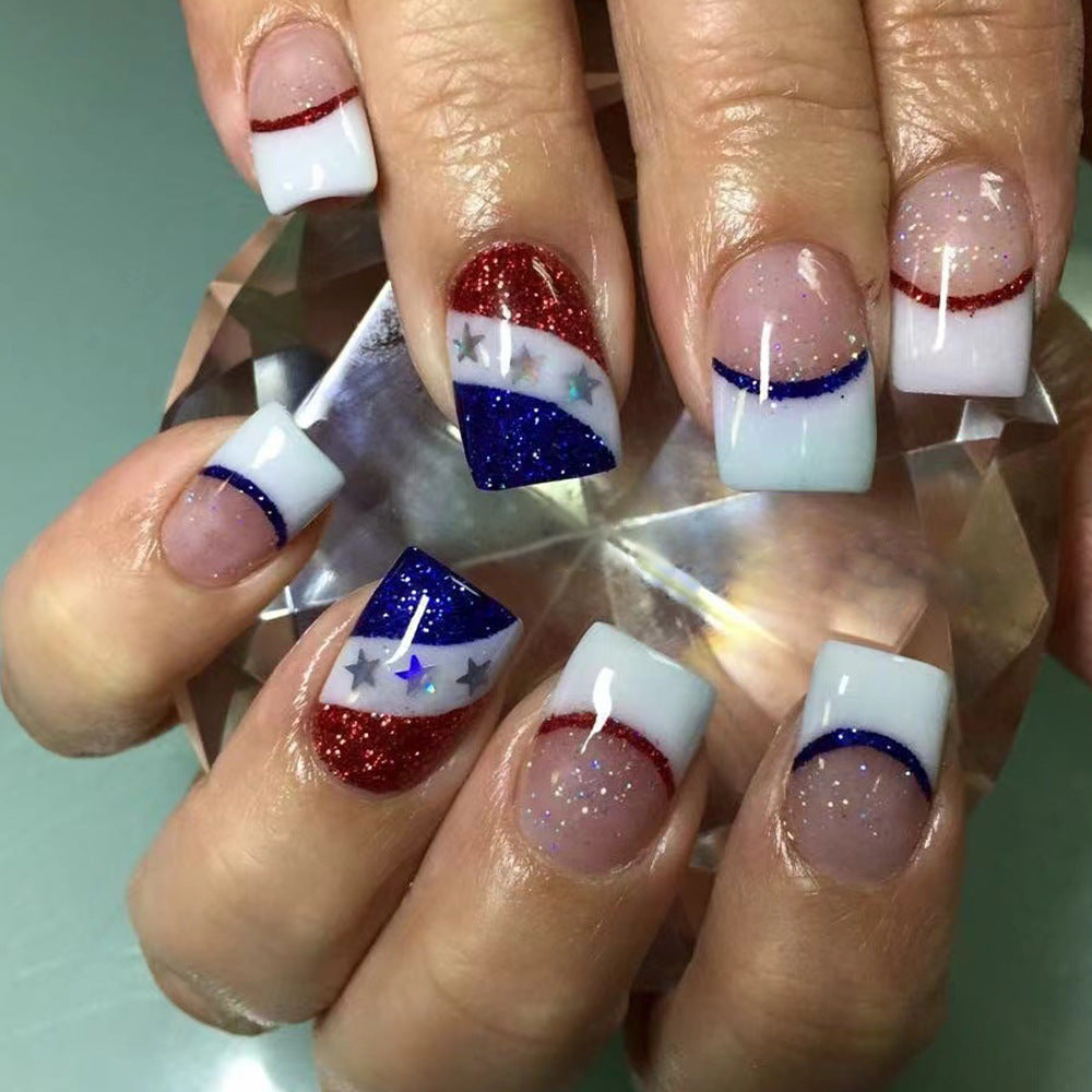 Patriotic Glamour Medium-Length Squoval Red White and Blue Press On Nails with Star Accents