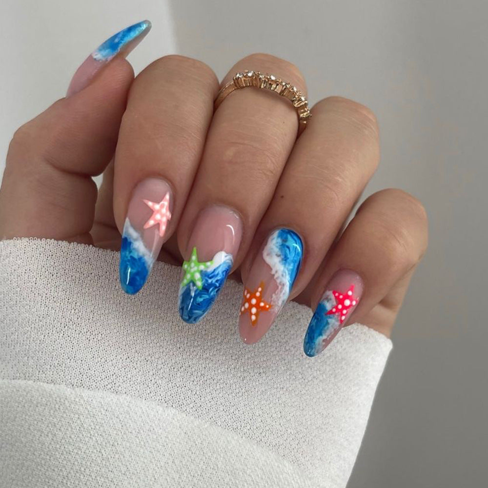 Ocean Adventure Long Stiletto Press On Nails Set Multicolor with Sea Life Accents