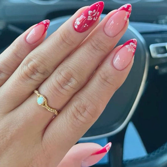 Cherry Blossom Elegance Long Almond Pink Press On Nail Set with Floral Accents