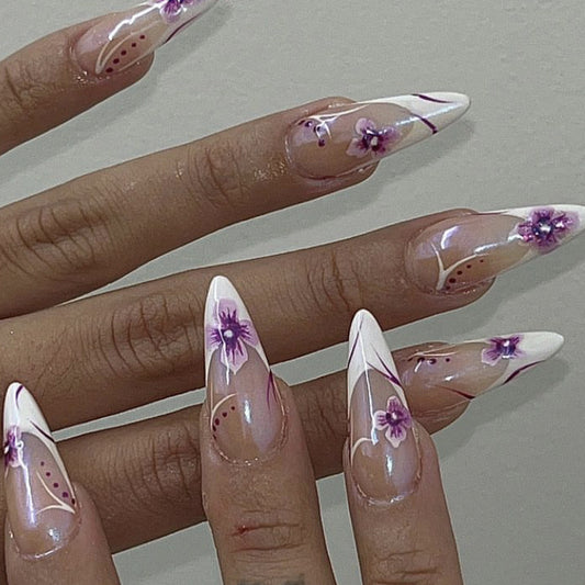 Floral Elegance Extra Long Stiletto Lavender and Clear Press On Nail Set with 3D Flower Accents