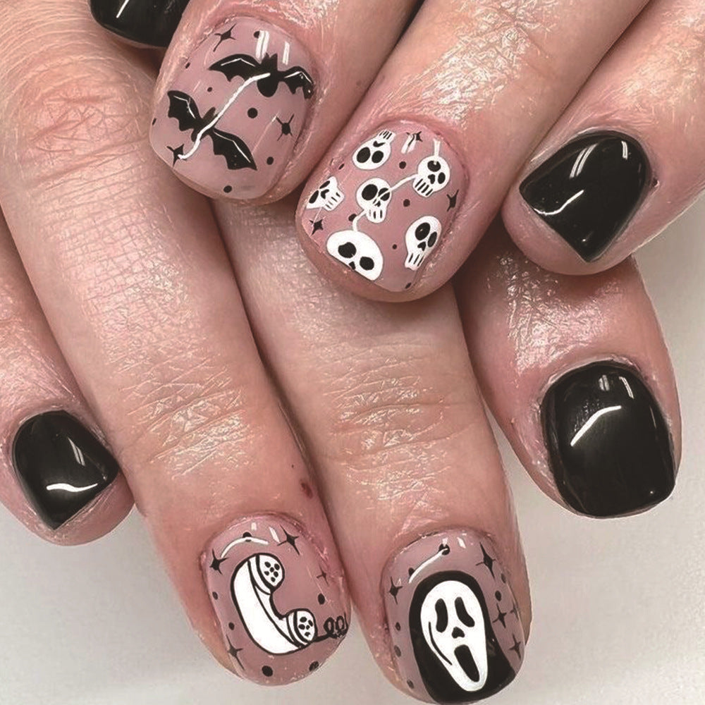 Spooky Elegance Short Oval Black and Pink Press On Nail Set with Halloween Motifs