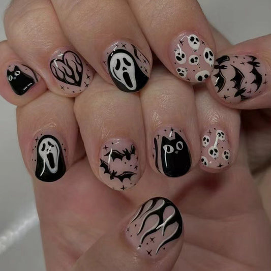 Spooky Charm Short-Length Oval Black and Beige Press-On Nail Set with Halloween Motifs