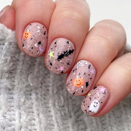 Spooky Elegance Short Oval Pink Press On Nail Set with Halloween Glitter Accents