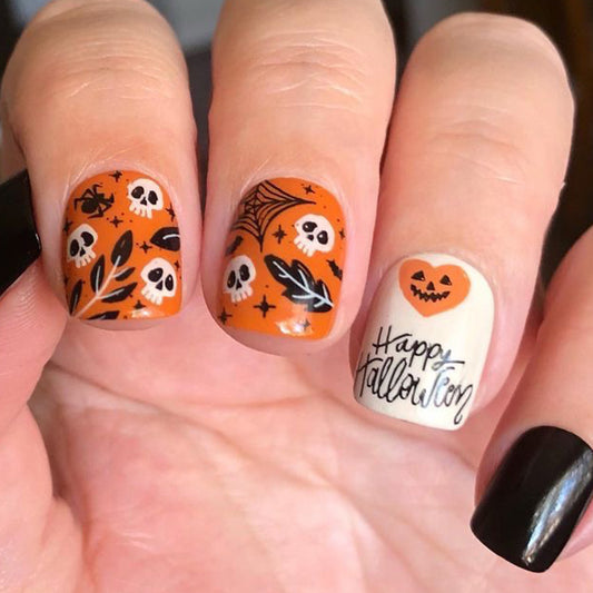 Spooky Elegance Short Square Orange and Black Halloween Theme Press On Nail Set with Festive Designs