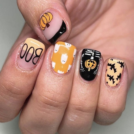 Autumn Splendor Medium-Length Square Press On Nails Set in Black, Orange, and Beige with Halloween Accents