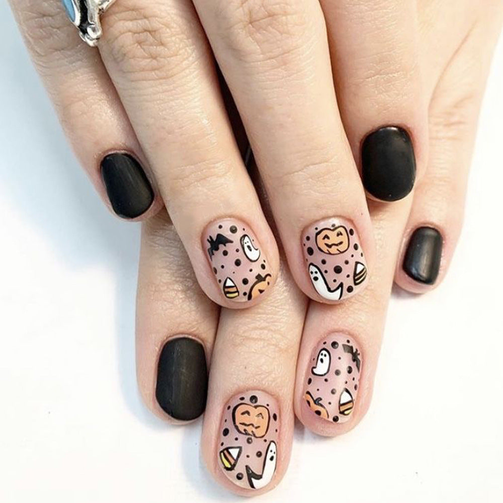 Safari Adventure Short-Length Oval Press On Nail Set in Matte Black and Beige with Animal Accents