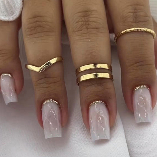 Elegant Bridal Long Coffin Clear Press On Nails With Gold Glitter Accents