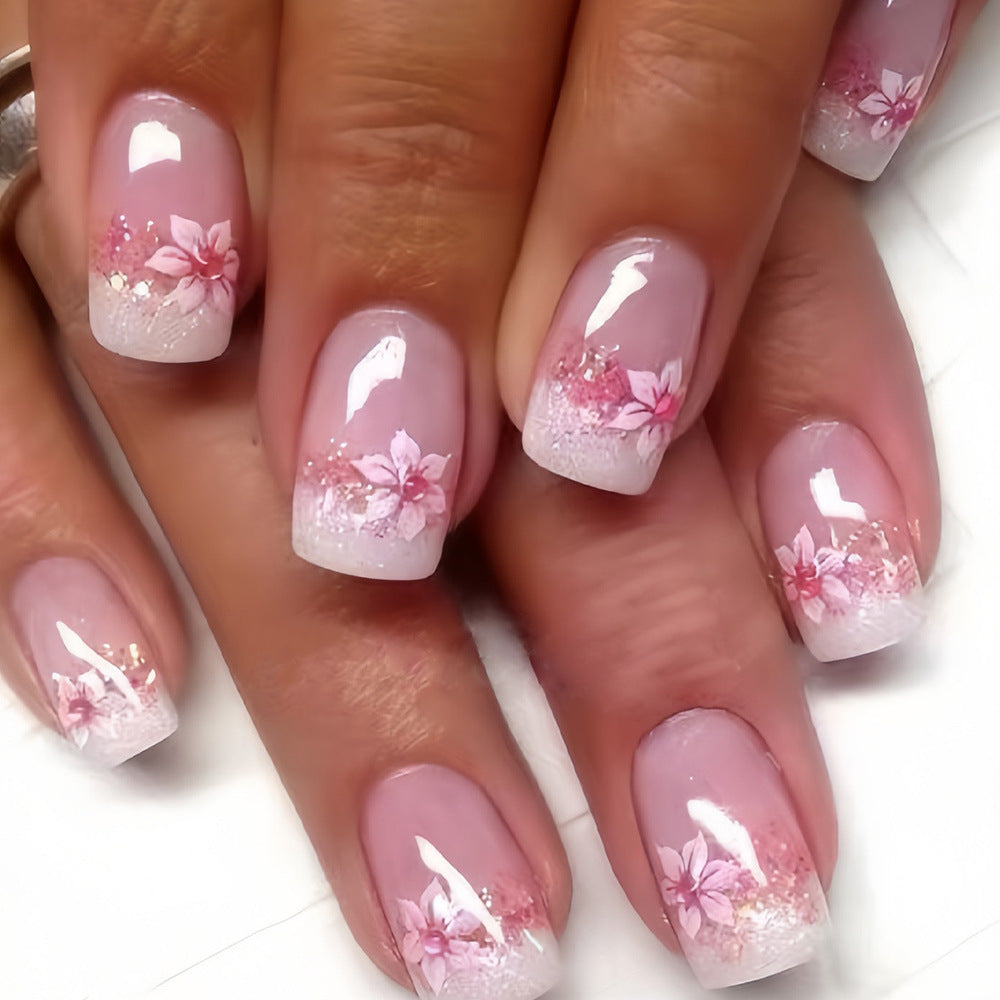 Cherry Blossom Festival Long Square Pink Press On Nails with Floral Glitter Accents