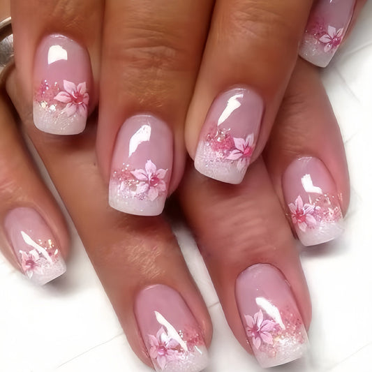 Cherry Blossom Festival Long Square Pink Press On Nails with Floral Glitter Accents