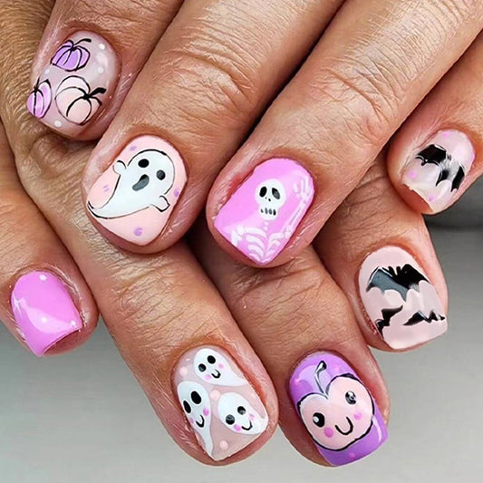 Spooky Charm Short Square Pink Press On Nails with Cute Ghost and Skull Designs