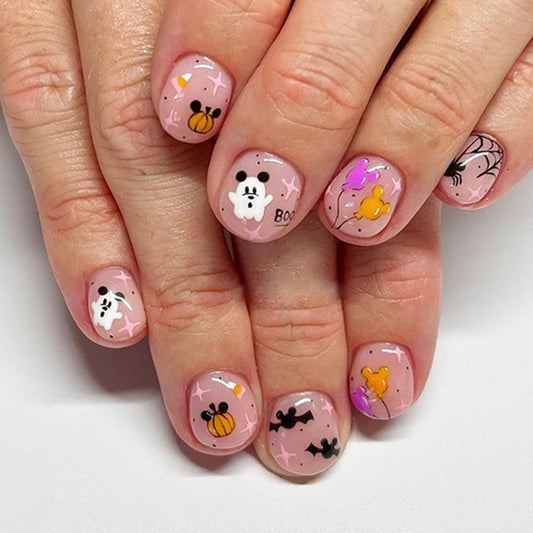 Halloween Fantasy Short-Length Oval Pink Press On Nail Set with Ghost and Pumpkin Accents