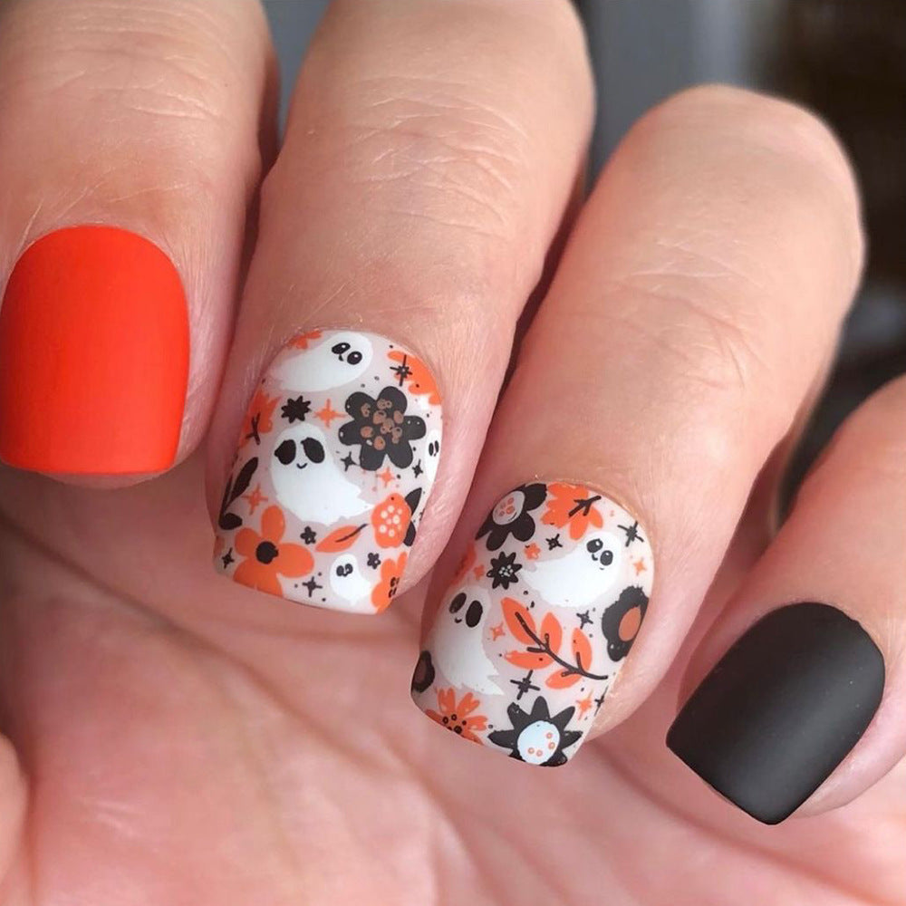Halloween Festivity Short Square Multi-Color Press On Nail Set with Spooky Animal Detailing