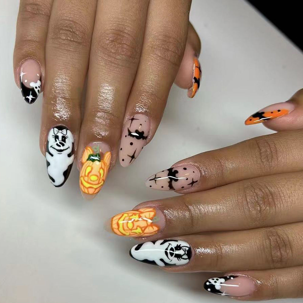 Spooky Elegance Long Almond Halloween Themed Press On Nails with Orange and Black Artistic Design