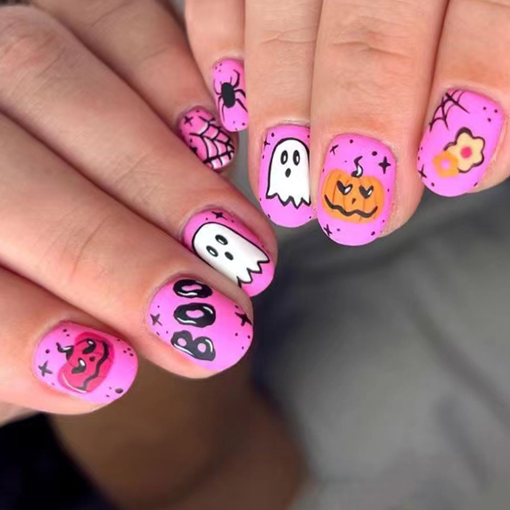 Spooky Elegance Short Oval Pink Halloween Press On Nail Set with Ghost and Pumpkin Designs