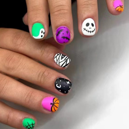 Spooky Spectacle Short Length Round Multicolor Halloween Themed Press On Nail Set with Glow-in-the-Dark Accents