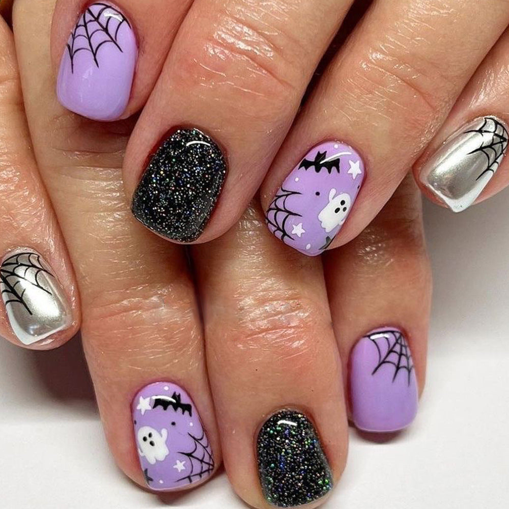 Spooky Elegance Short Length Square Purple & Black Glitter Press On Nail Set with Halloween Decals