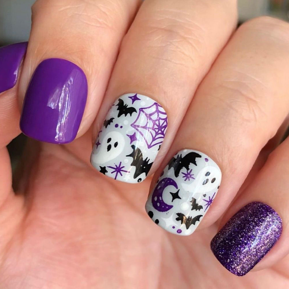 Spooky Elegance Short Square Shape Purple and White Halloween-Themed Press On Nail Set with Glitter Accents