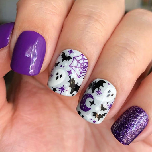 Spooky Elegance Short Square Shape Purple and White Halloween-Themed Press On Nail Set with Glitter Accents