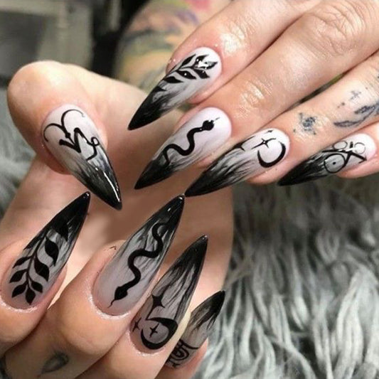 Enchanted Elegance Long Stiletto Black and White Press On Nail Set with Artistic Abstract Design